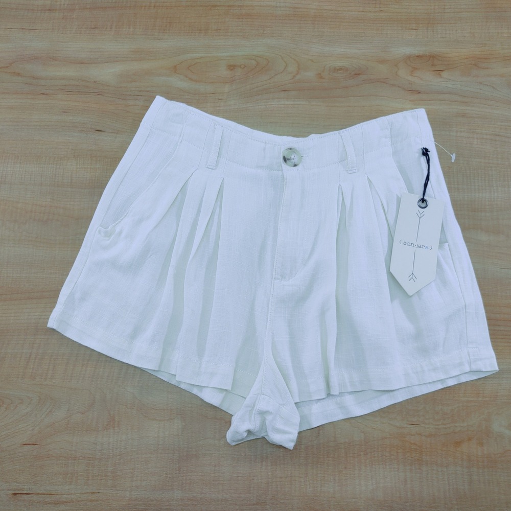 Banjara‎ Women Shorts Medium Ivory Viscose Linen Pleated High Rise New